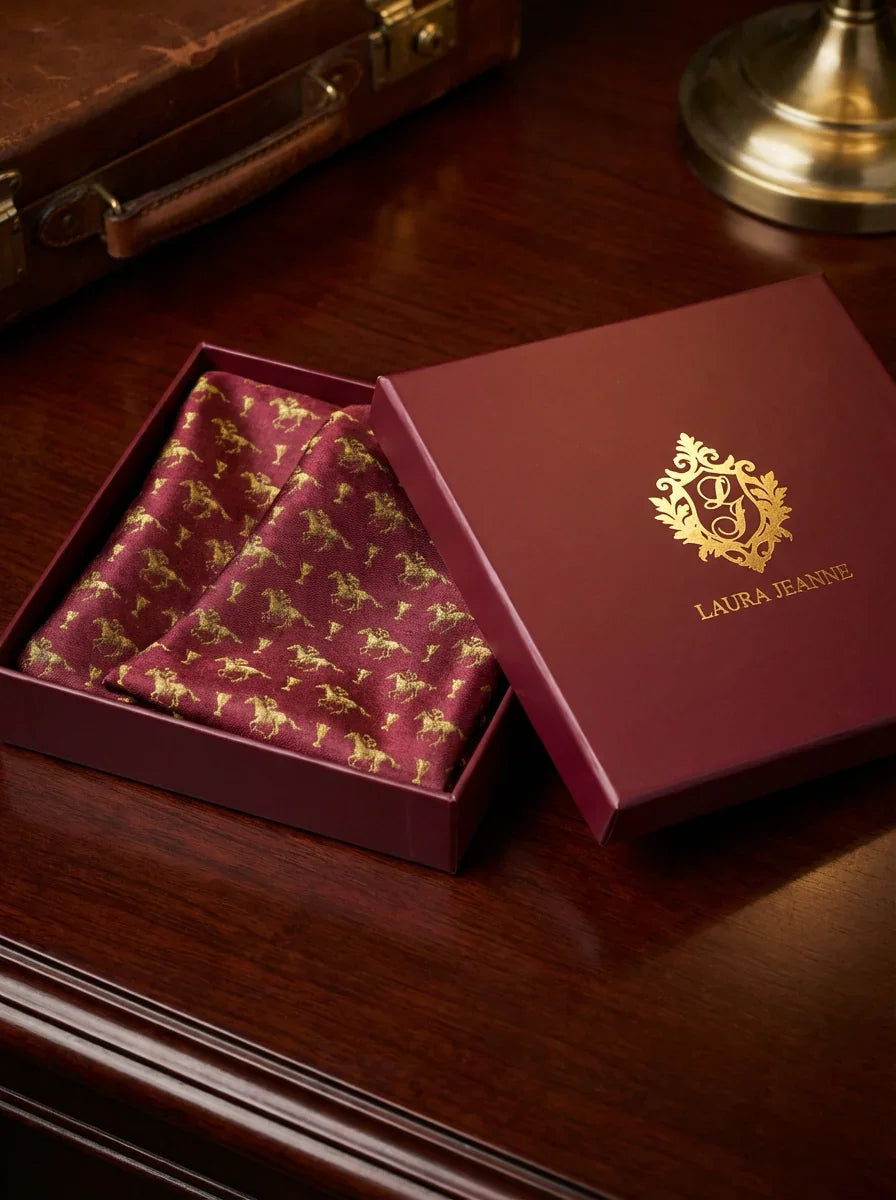 ‘GOLD CUP’ Silk Pocket Square (Merlot) By Laura Jeanne - LAURA JEANNE