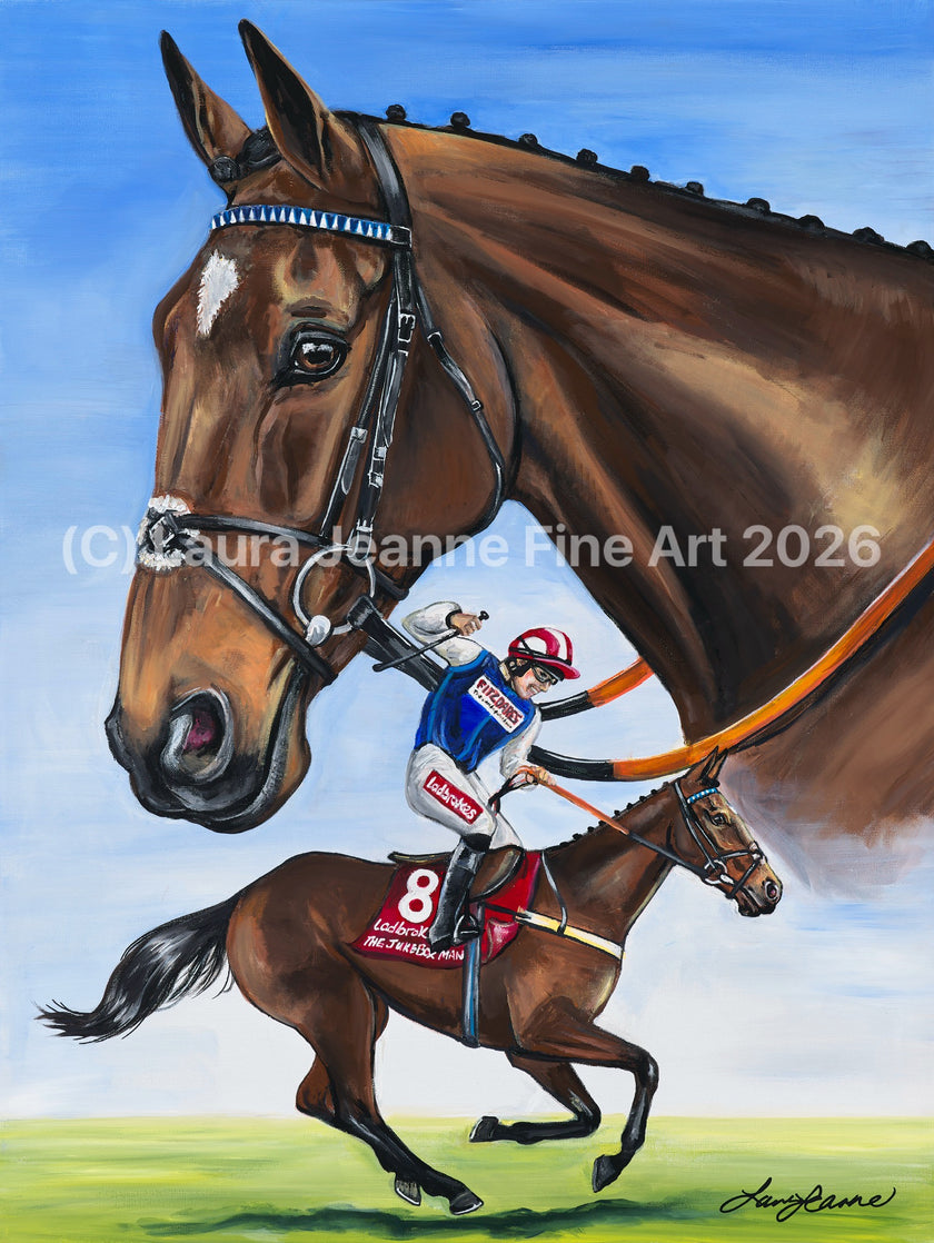 Limited Edition, ‘THE JUKEBOX MAN- KING GEORGE VI CHASE WINNER 2025’ (Original Painted for Harry Redknapp) By Laura Jeanne A2 Size Giclée Prints (42.0 x 59.4cm).