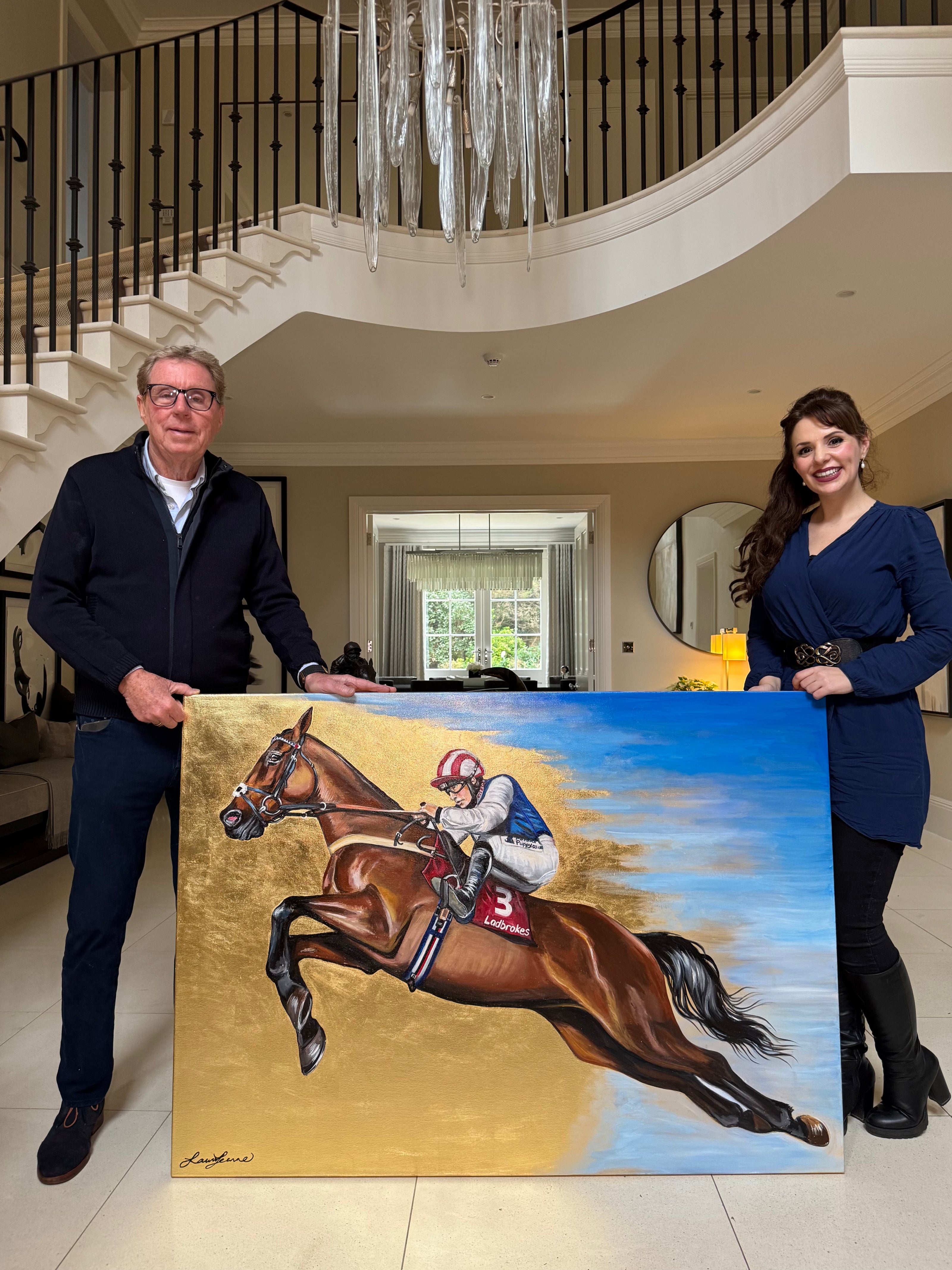 Harry Redknapp and Laura Jeanne with Painting of Racehorse, 'The Jukebox Man'