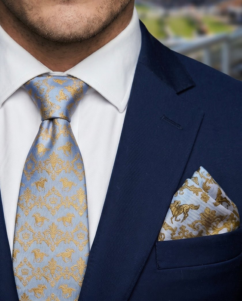 ‘NEWMARKET’ Horse Racing Silk Tie (Light Silver Blue) By Laura Jeanne.