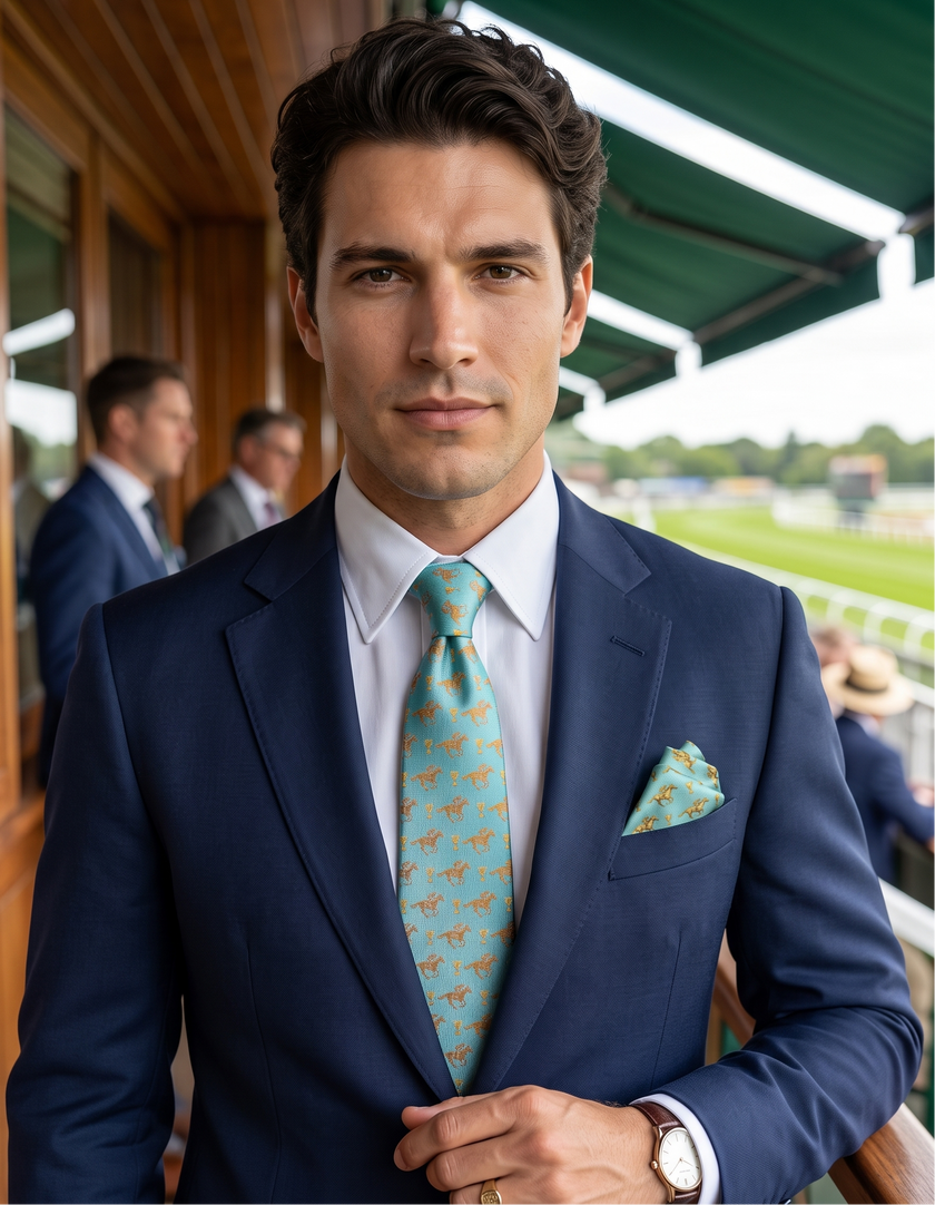 ‘BRIGHTON’ Horse Racing Silk Tie (Turquoise) By Laura Jeanne.