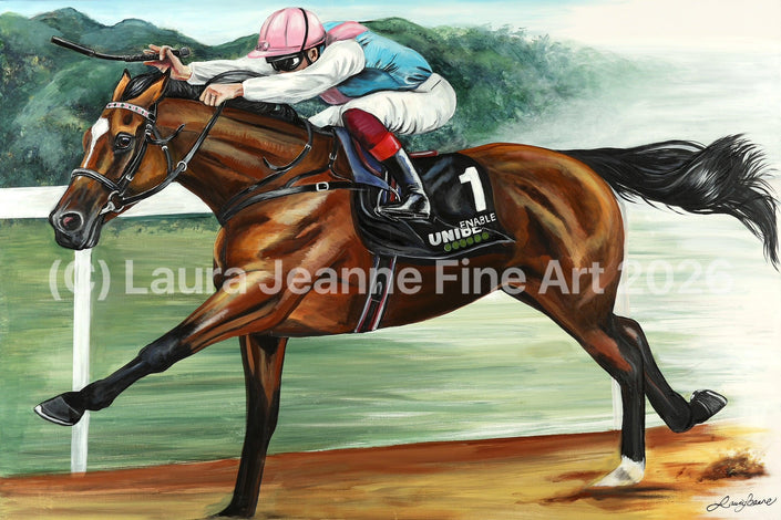 Limited Edition, ‘UNSTOPPABLE’ (Featuring Frankie Dettori & Enable) By Laura Jeanne A2 Size Giclée Prints (42.0 x 59.4cm). - LAURA JEANNE