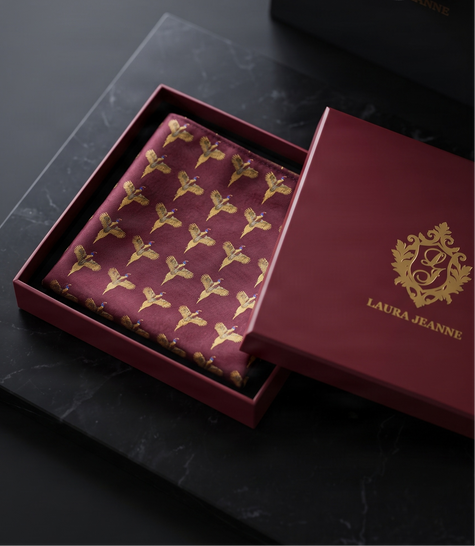 'FLYING PHEASANT' Country Collection Woven Silk Pocket Square (Merlot) By Laura Jeanne
