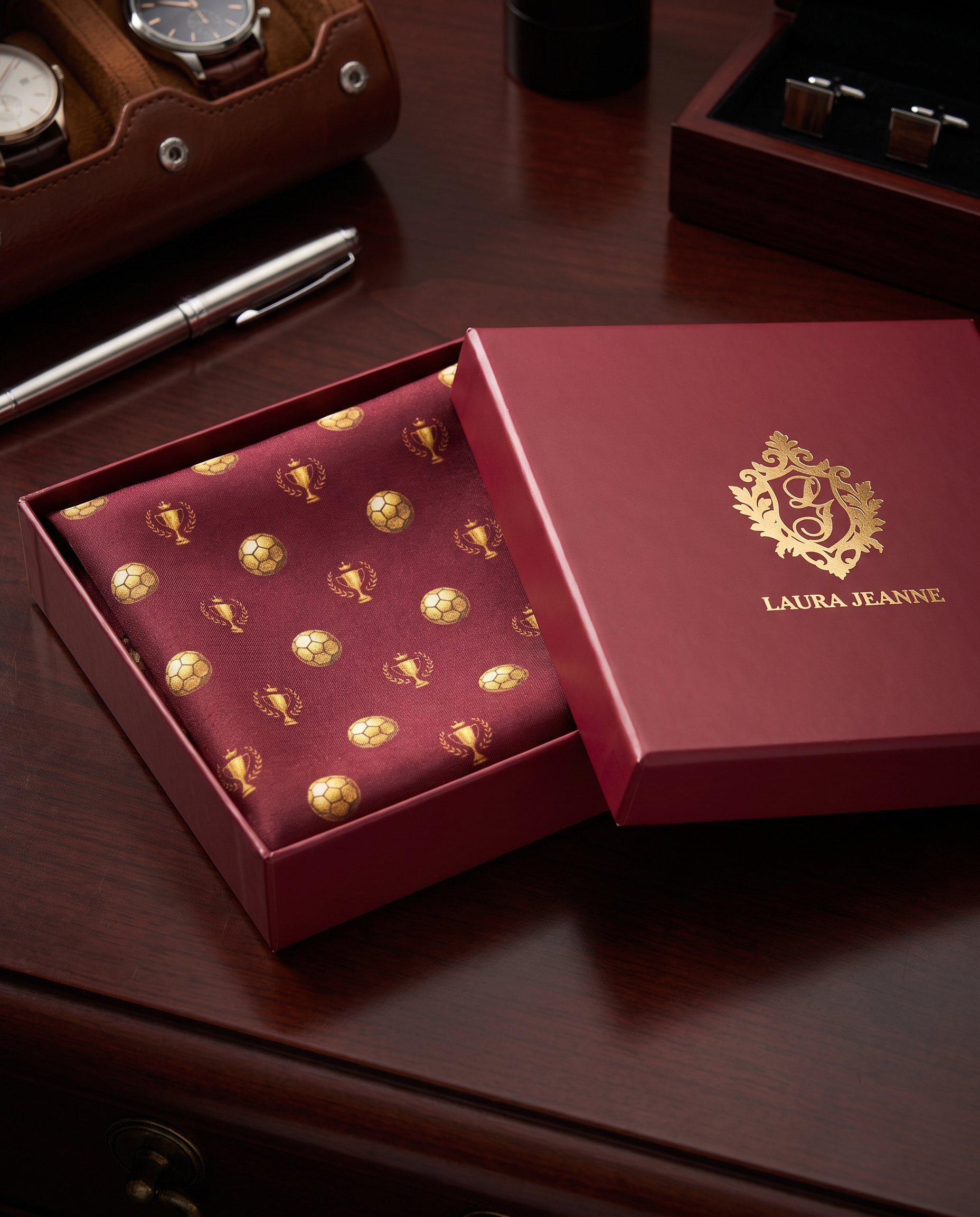 ‘CHAMPION’ Football Silk Pocket Square (Merlot) By Laura Jeanne.