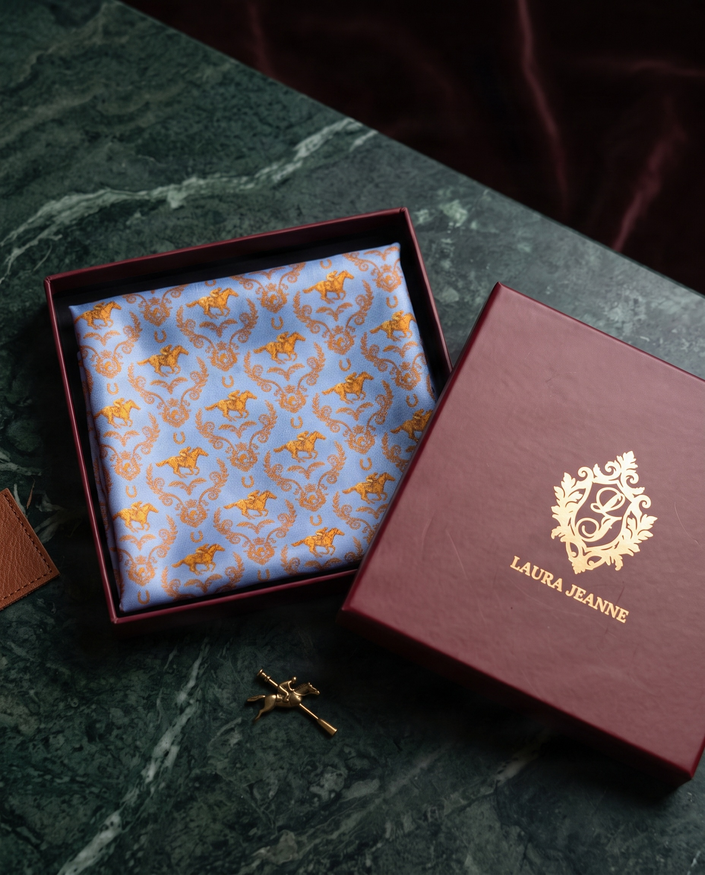 BELMONT' Horse Racing Silk Pocket Square (Blue) By Laura Jeanne.
