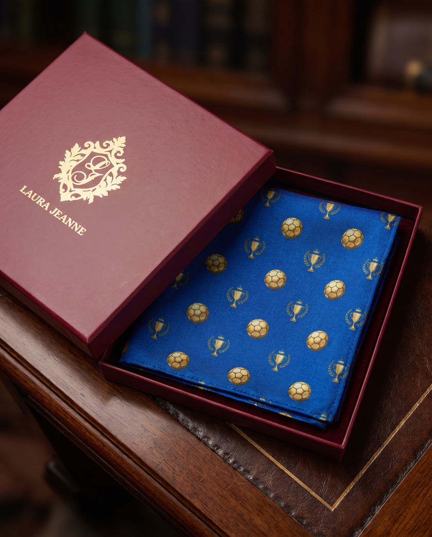 ‘CHAMPION’ Football Silk Pocket Square (Royal Blue) By Laura Jeanne.